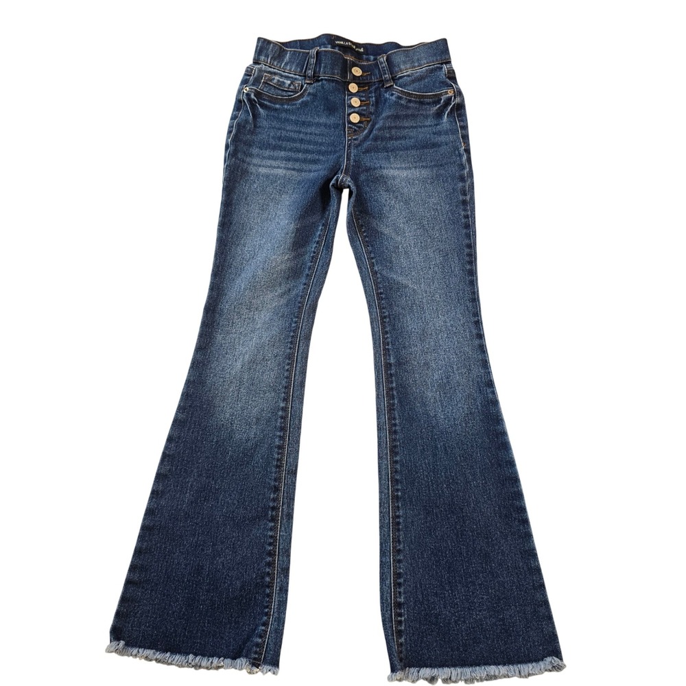 Vanilla Star Girls Size 8 Dark Wash Flare Jeans Button Fly Frayed Hem Stretch